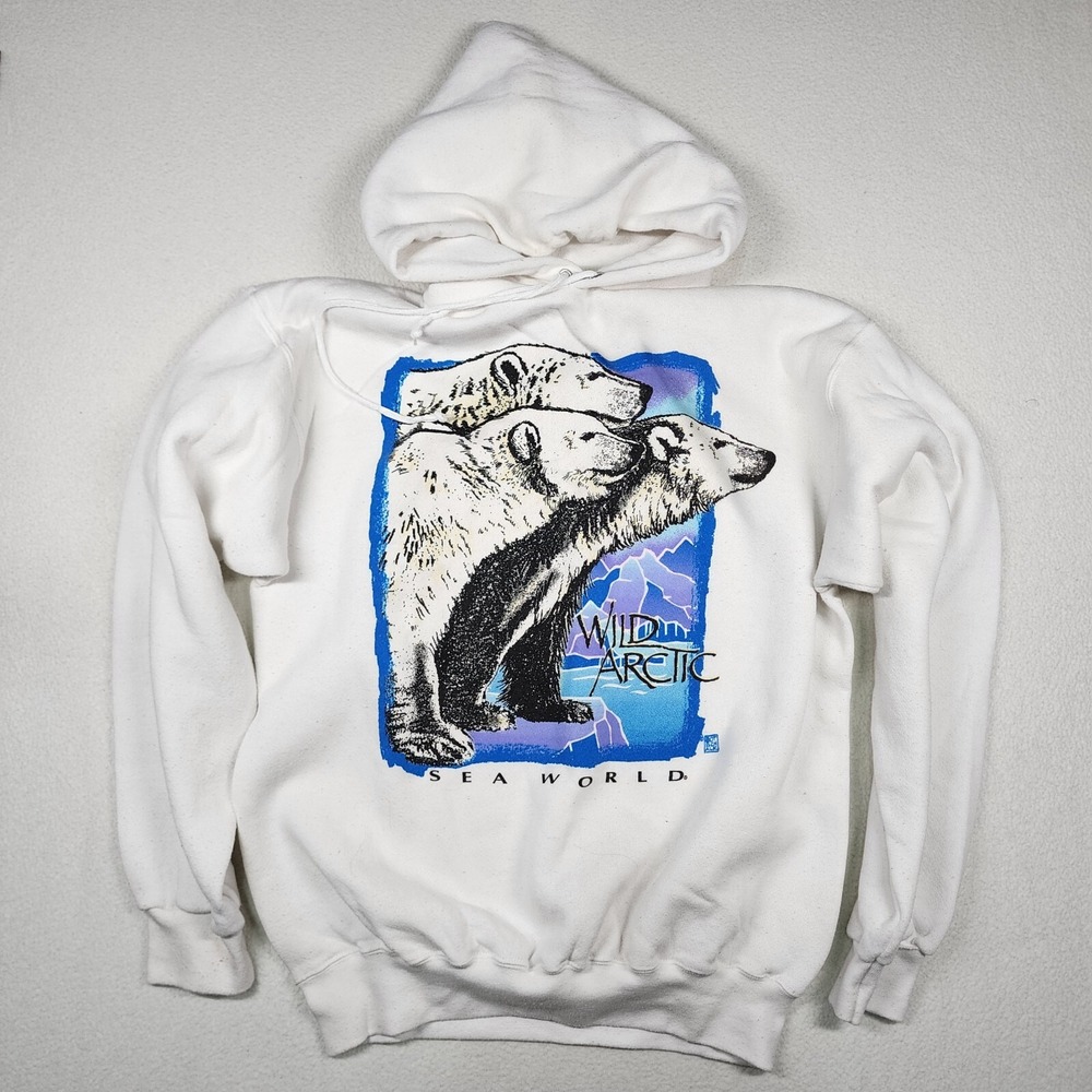 Vintage 90s SEA WORLD WILD ARCTIC Hoodie Sweatshirt Sz. Large White VTG
